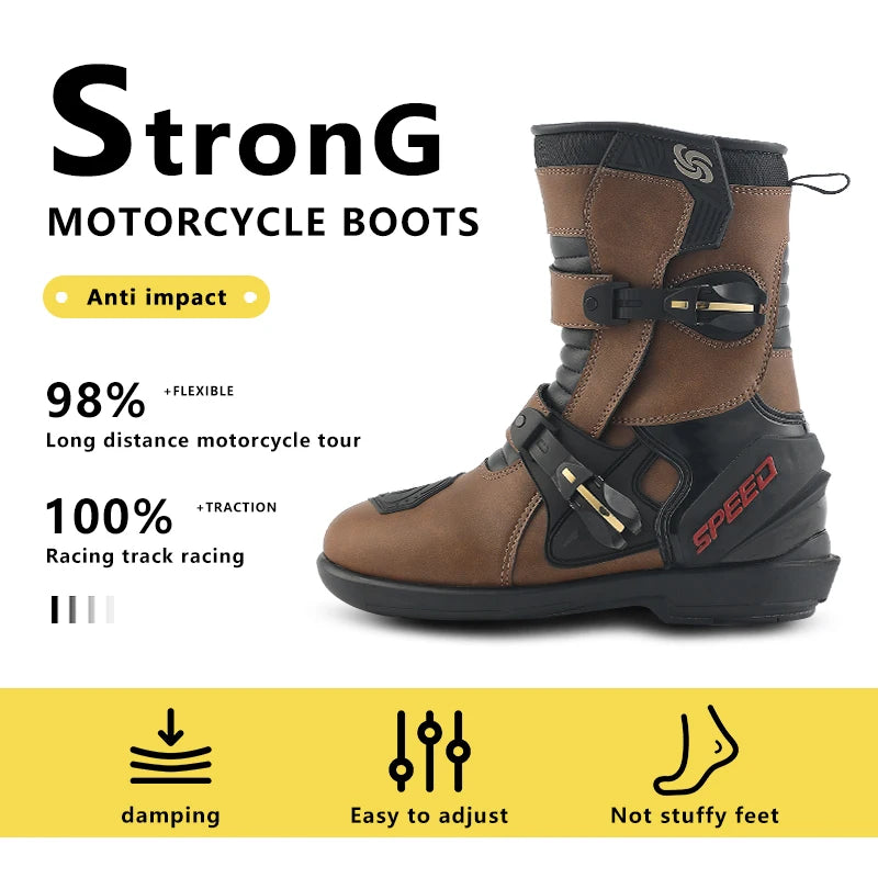Unisex Leather Motorcycle Boots With Rubber Outsoles for Road Riding