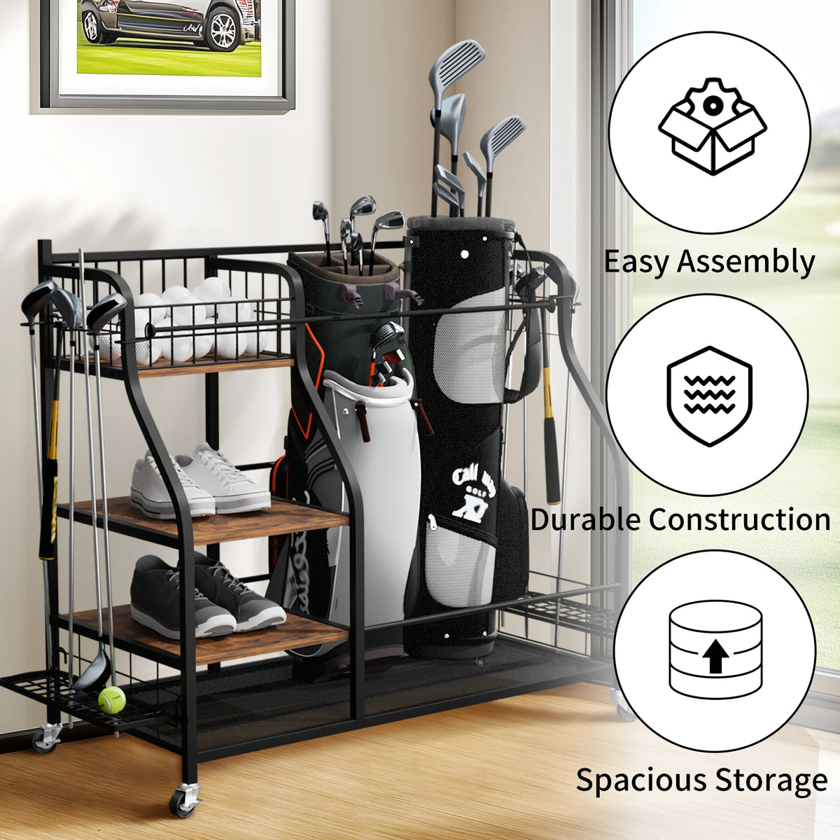 Rolling Golf Bag Storage Rack With Wheels, Metal Sports Organizer