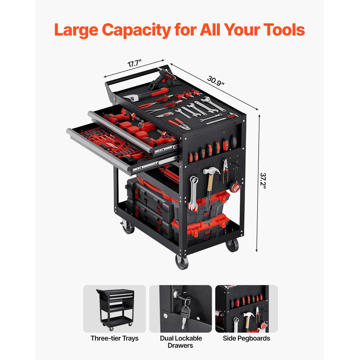 SucceBuy Rolling Tool Cart With Locking Drawers And Pegboard Storage