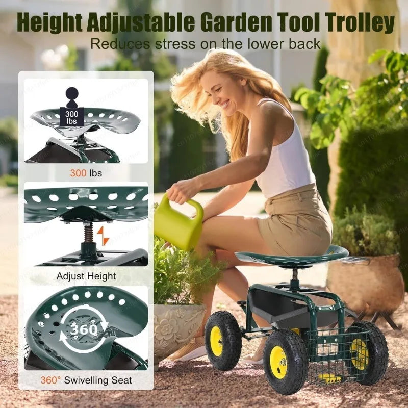Steerable Mobile Garden Seat With Wheels For Easy Gardening