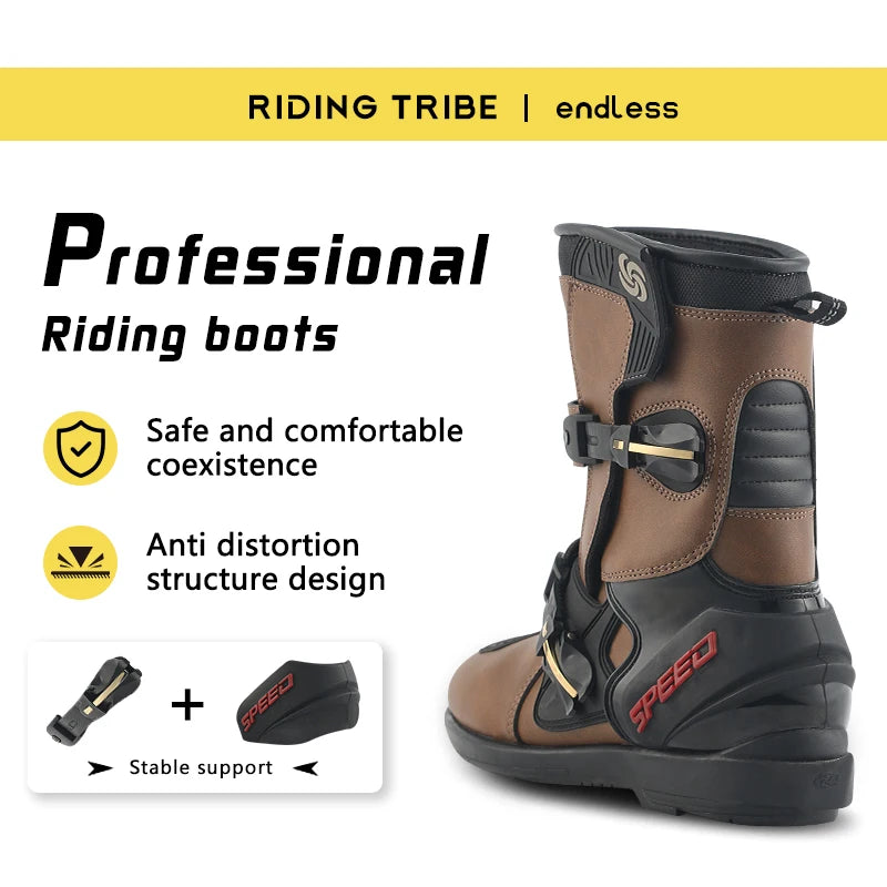 Unisex Leather Motorcycle Boots With Rubber Outsoles for Road Riding