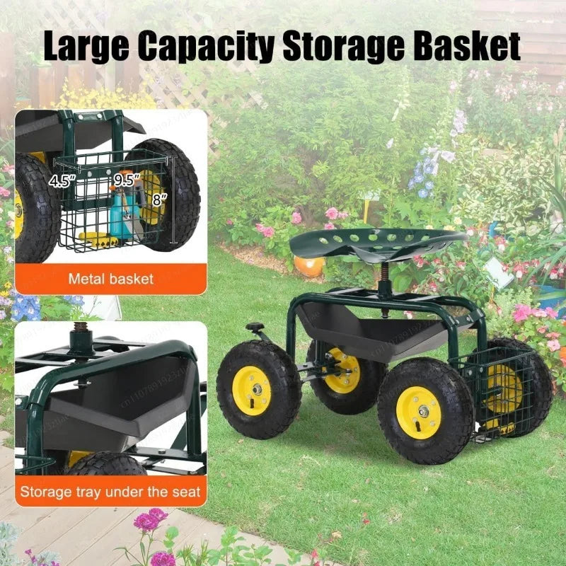 Steerable Mobile Garden Seat With Wheels For Easy Gardening