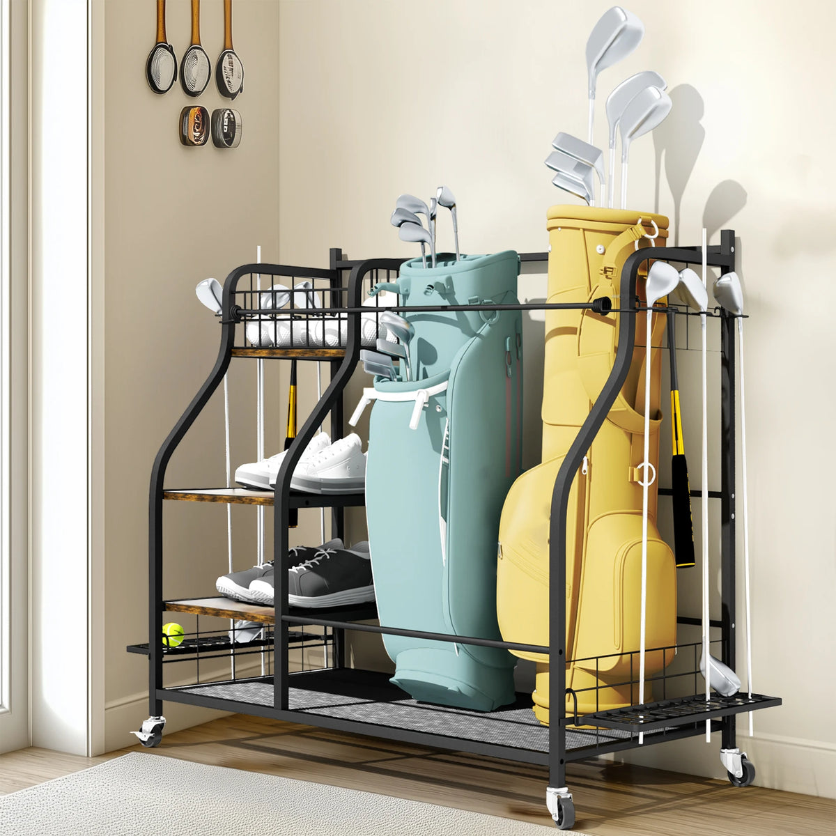 Rolling Golf Bag Storage Rack With Wheels, Metal Sports Organizer
