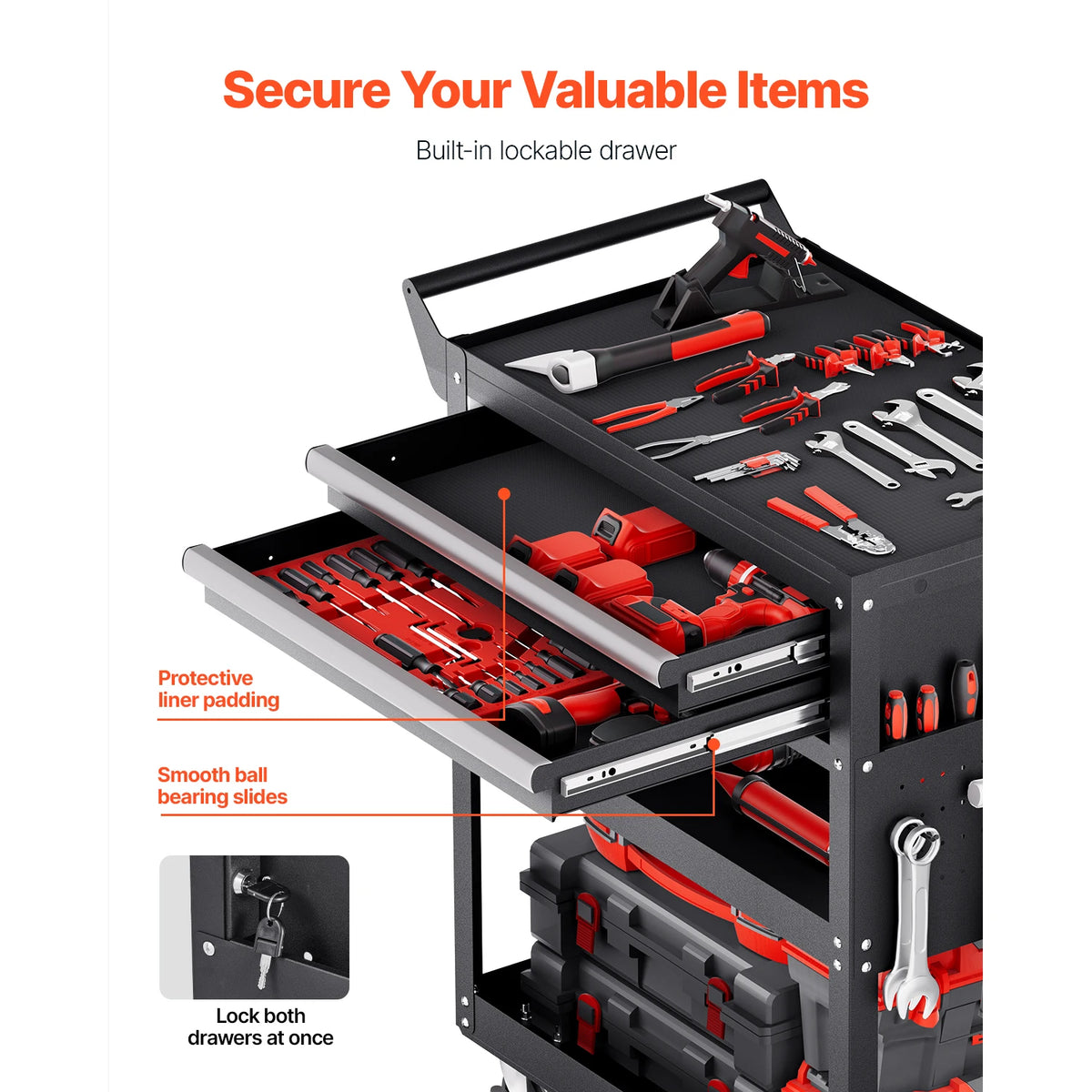 SucceBuy Rolling Tool Cart With Locking Drawers And Pegboard Storage
