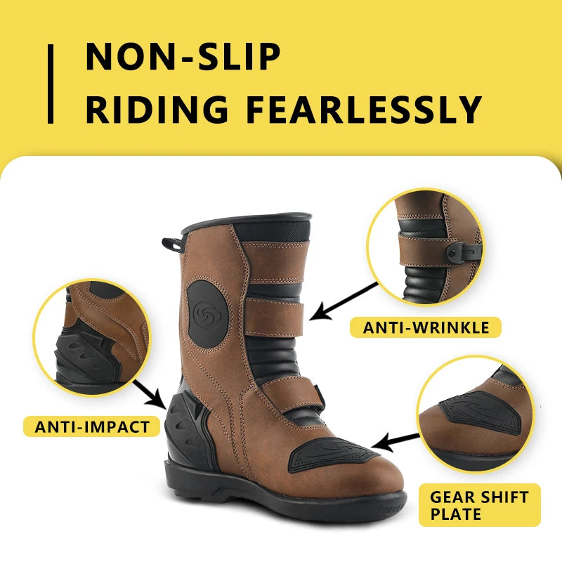 Unisex Leather Motorcycle Boots With Rubber Outsoles for Road Riding