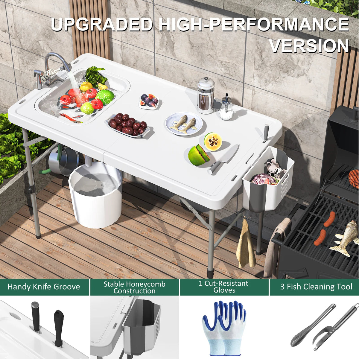 EVOKEDEN Folding Fish Cleaning Station With Sink And Hose Hookup
