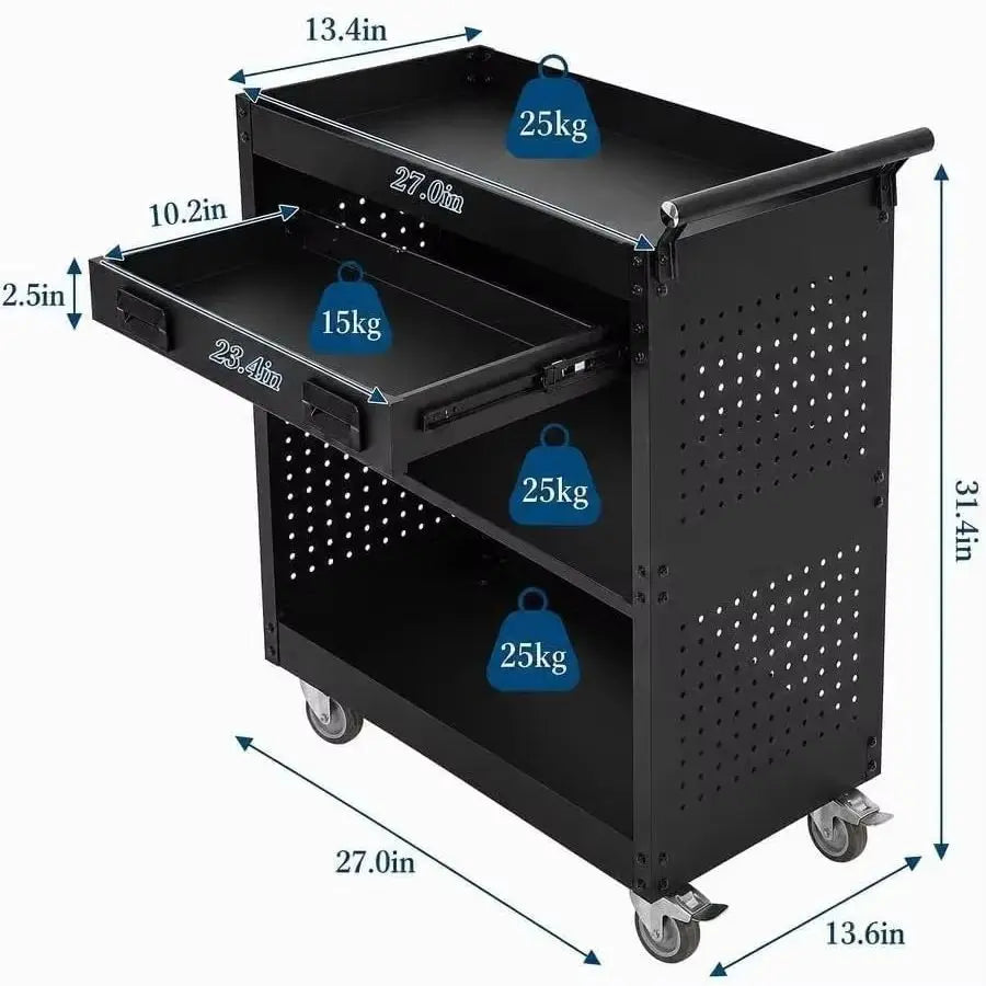 Rolling Steel Tool Cart With Drawer And Locking Casters
