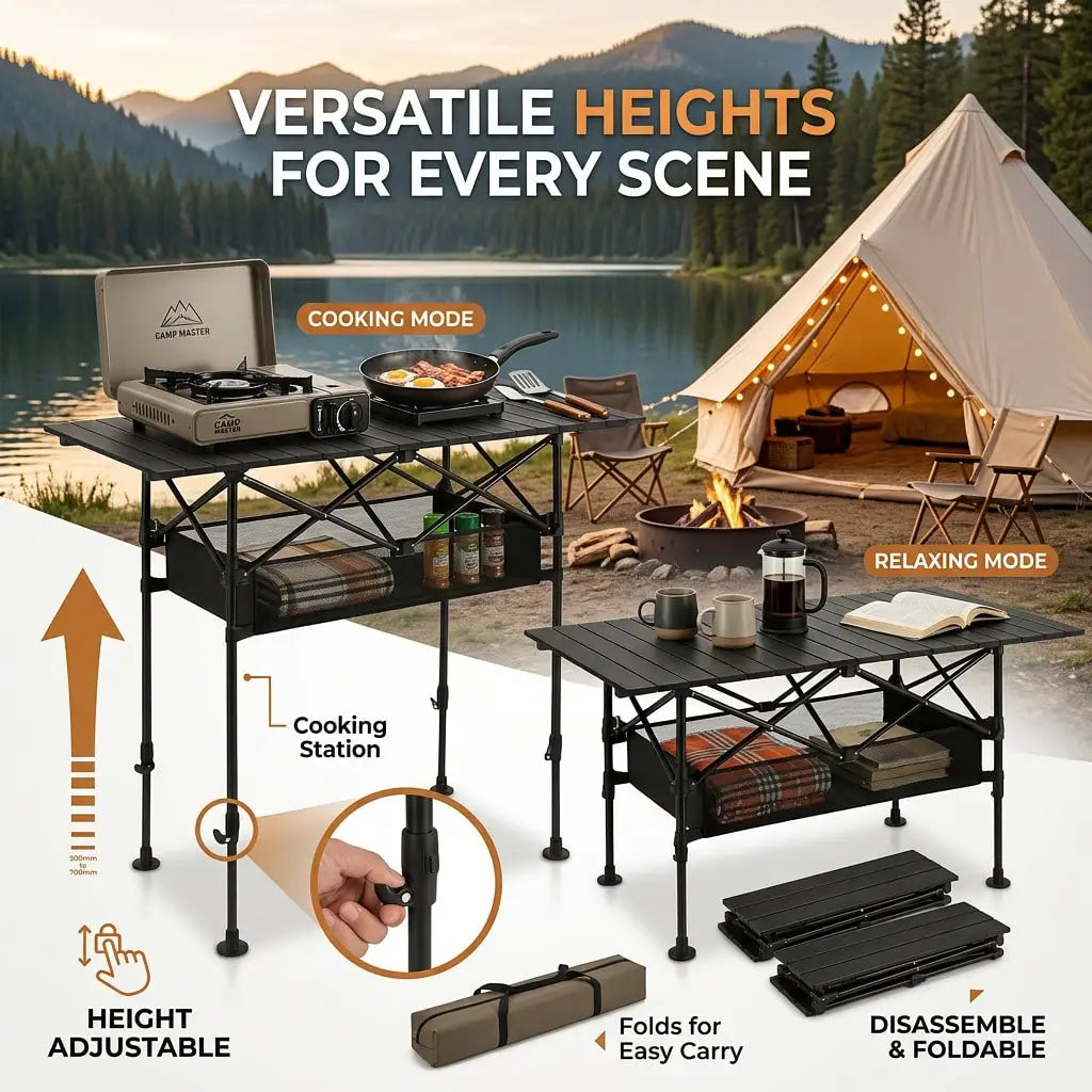 Adjustable Height Outdoor Folding Camping Table for Picnics and Travel