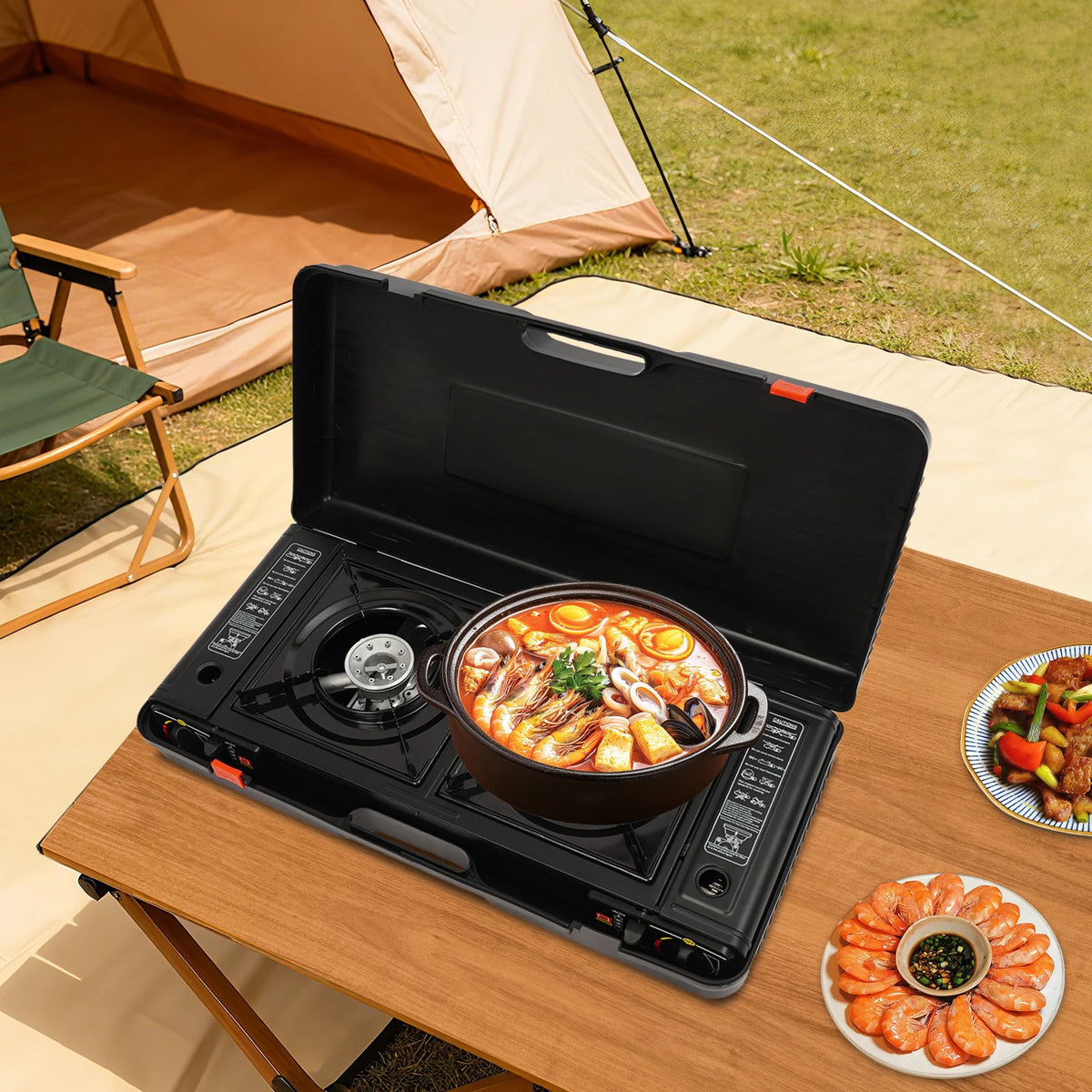 Bymaocar Portable Two Burner Camping Stove With Baking Tray and Case