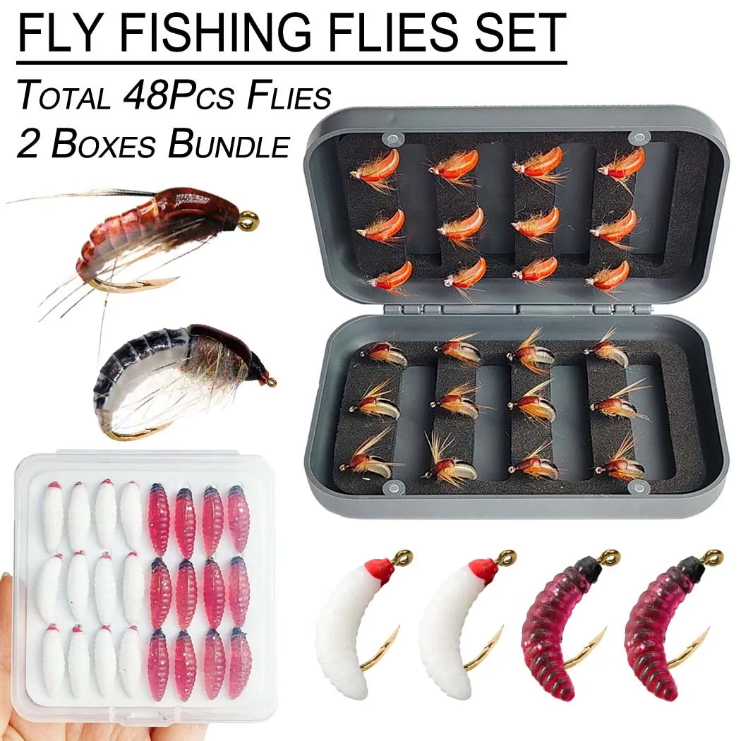 Wet Dry Fly Fishing Lure Set With Nymphs For Trout and Bass