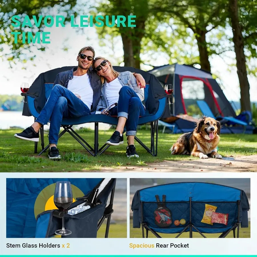 Double Camping Loveseat Chair With Cooling Bag For Outdoor Comfort