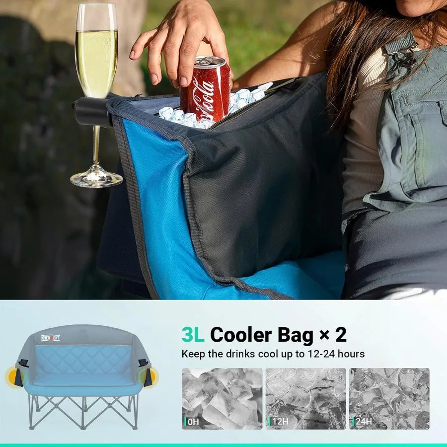 Double Camping Loveseat Chair With Cooling Bag For Outdoor Comfort