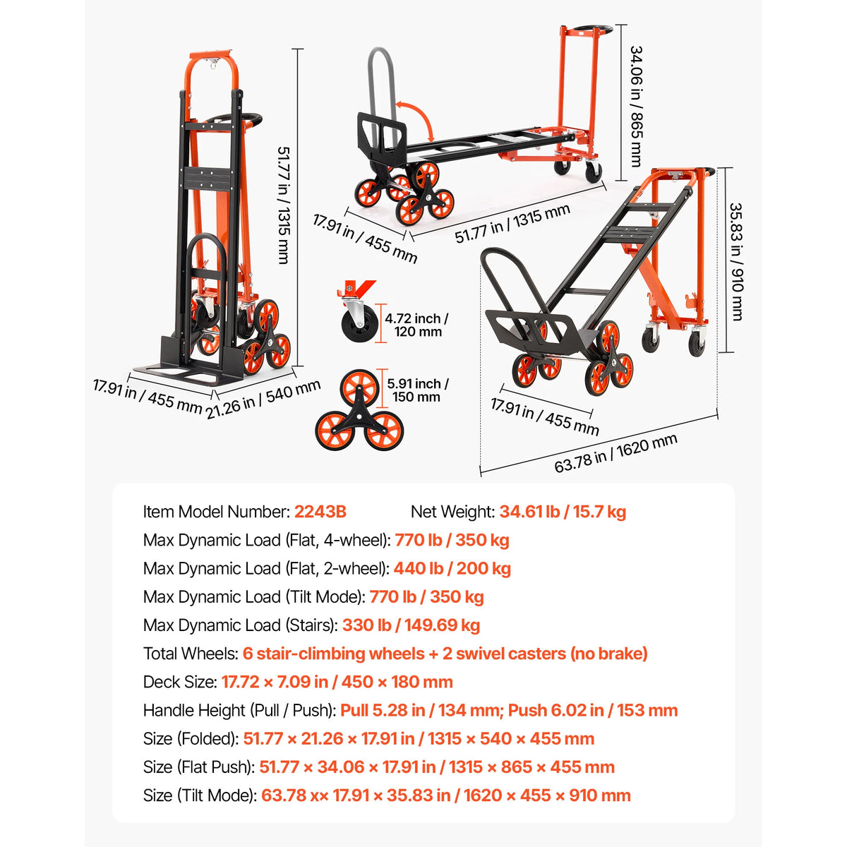 SucceBuy 3 In 1 Convertible Stair Climbing Industrial Utility Cart