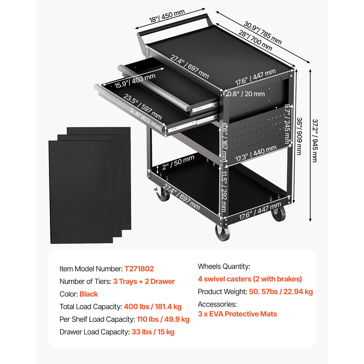 SucceBuy Rolling Tool Cart With Locking Drawers And Pegboard Storage