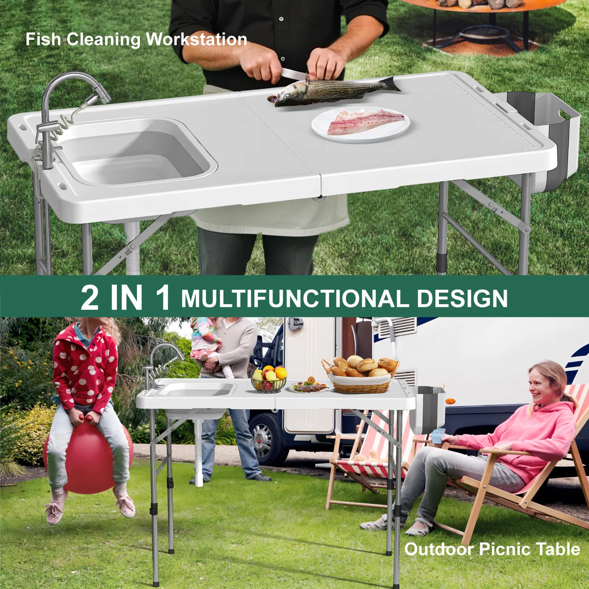 EVOKEDEN Folding Fish Cleaning Station With Sink And Hose Hookup