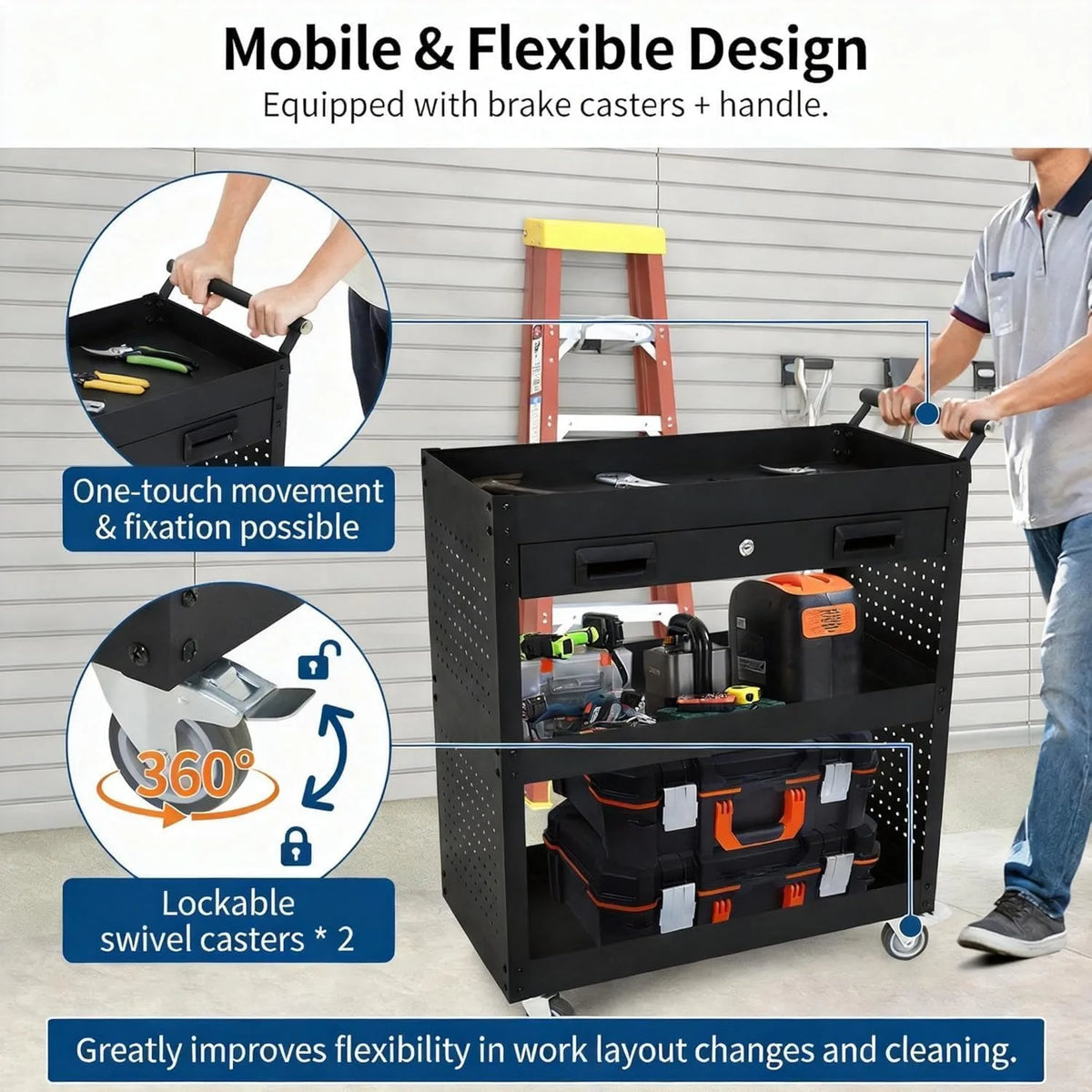 Rolling Steel Tool Cart With Drawer And Locking Casters
