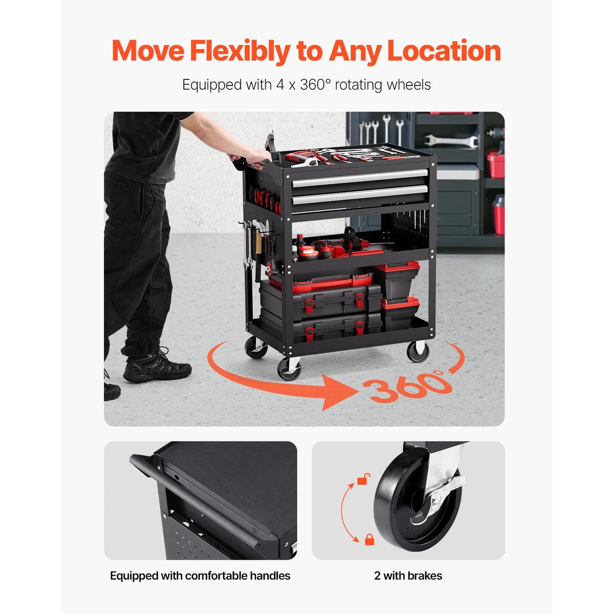 SucceBuy Rolling Tool Cart With Locking Drawers And Pegboard Storage