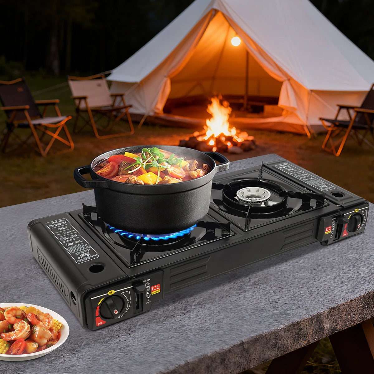 Bymaocar Portable Two Burner Camping Stove With Baking Tray and Case
