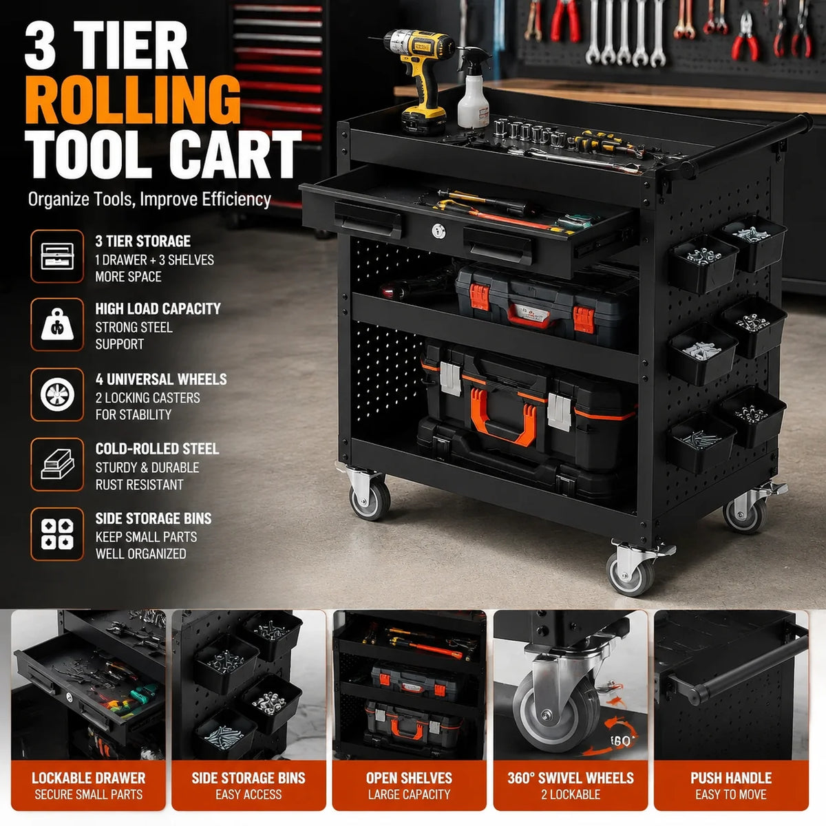 Rolling Steel Tool Cart With Drawer And Locking Casters