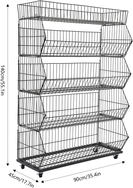 Five Tier Mobile Metal Storage Rack For Produce And Snacks