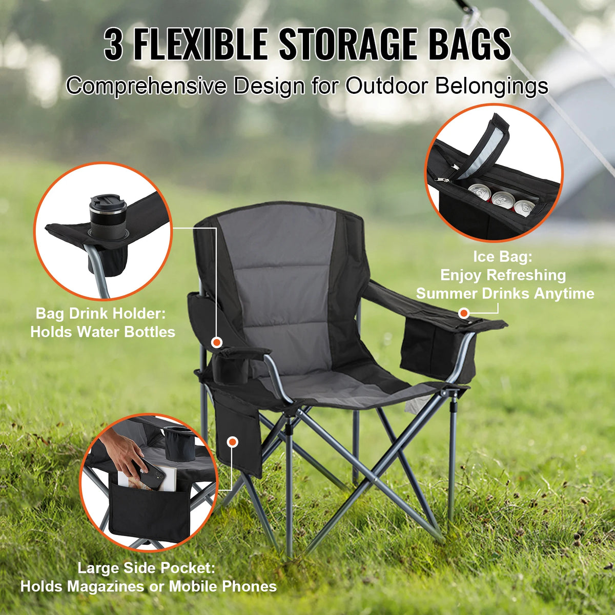 VEVOR Portable Folding Camping Chair With Lumbar Support And Pockets