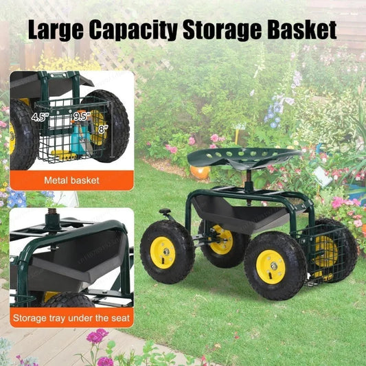Steerable Mobile Garden Seat With Wheels For Easy Gardening