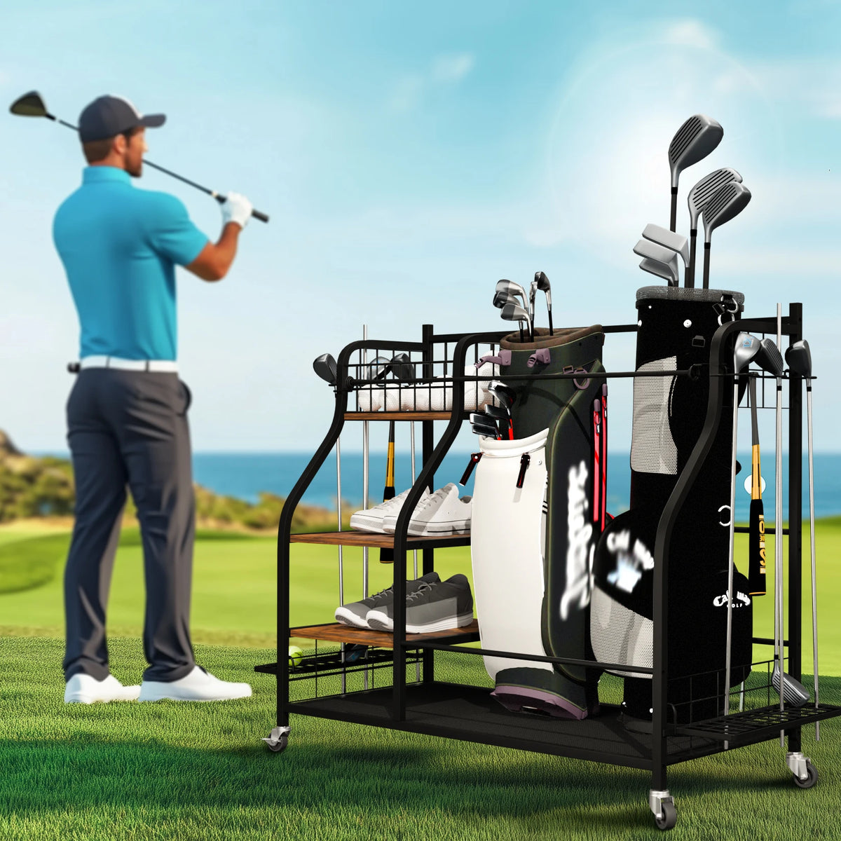 Rolling Golf Bag Storage Rack With Wheels, Metal Sports Organizer