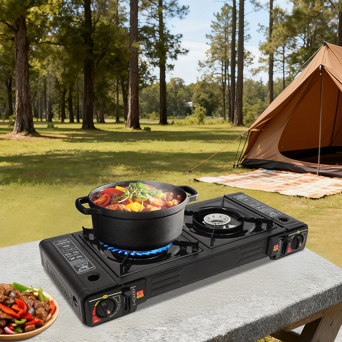 Bymaocar Portable Two Burner Camping Stove With Baking Tray and Case