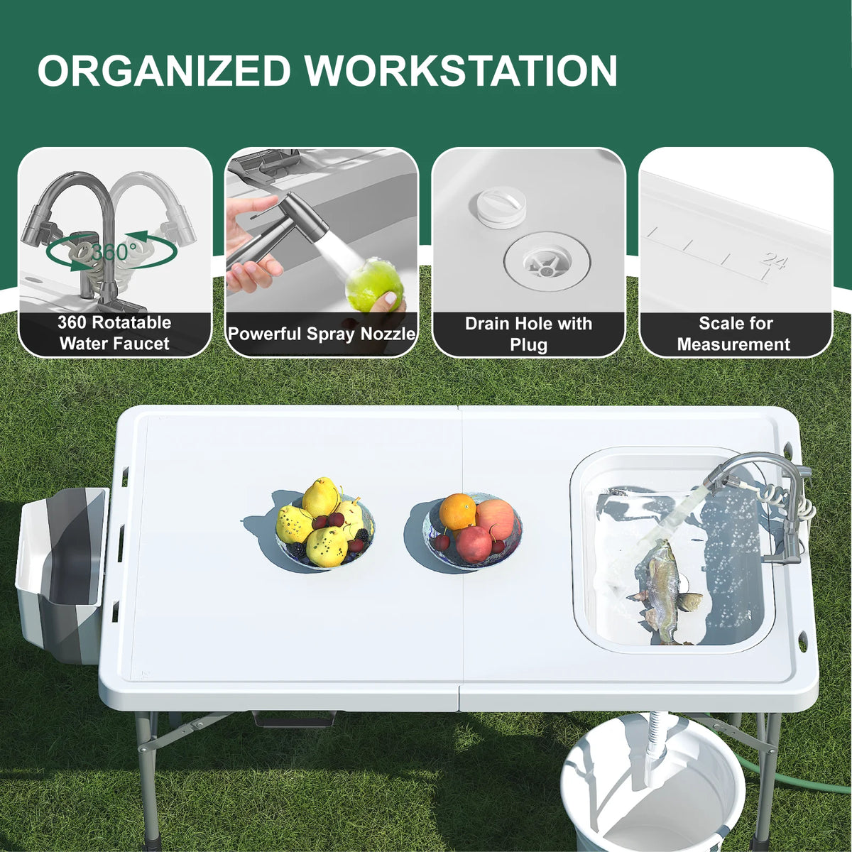 EVOKEDEN Folding Fish Cleaning Station With Sink And Hose Hookup