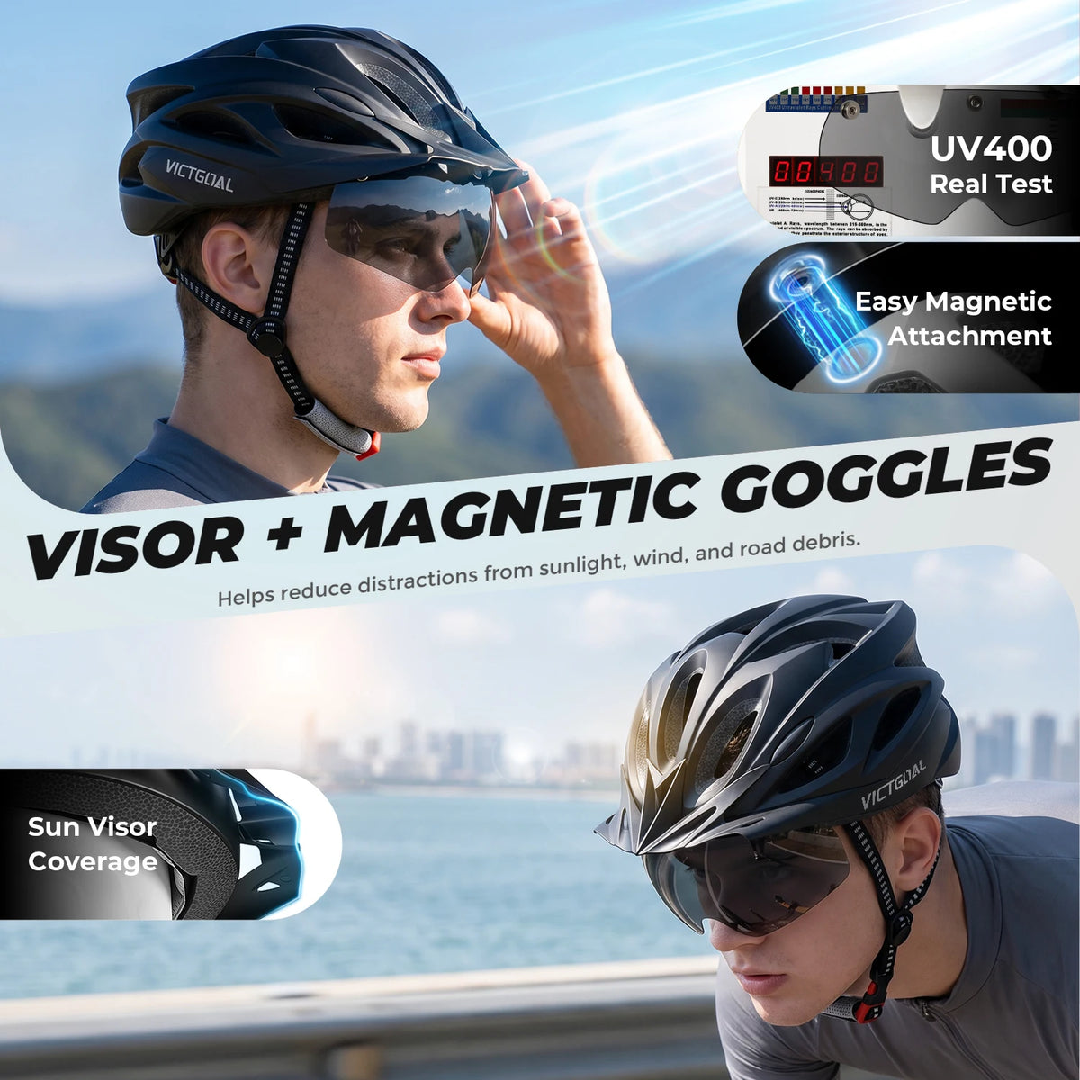 VICTGOAL Cycling Helmet With Magnetic Goggles Visor And LED Light