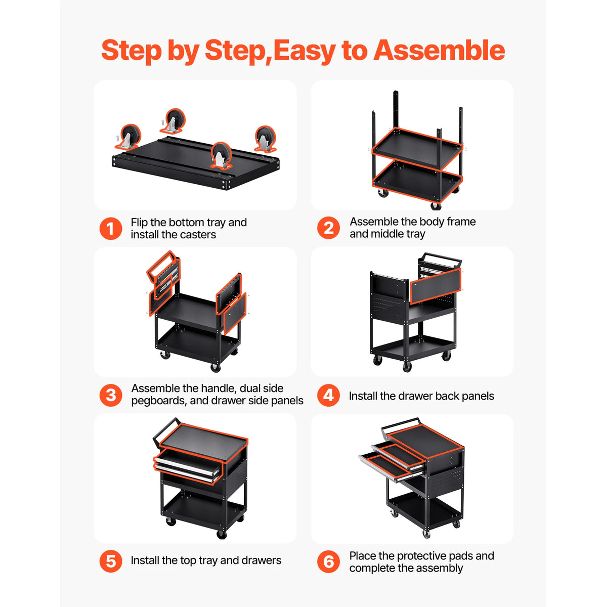SucceBuy Rolling Tool Cart With Locking Drawers And Pegboard Storage