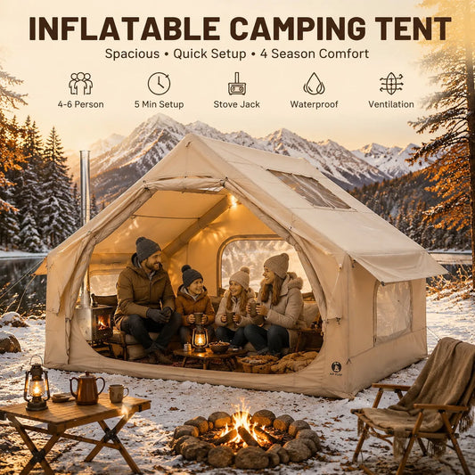 Inflatable Family Camping Tent With Awning And Stove Jack