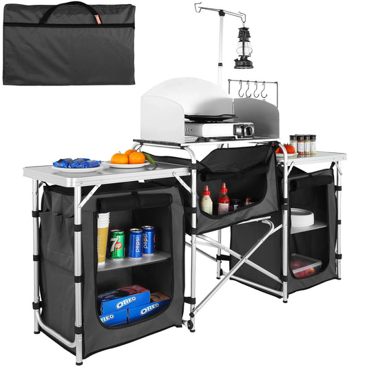 SucceBuy Folding Camping Kitchen Table With Storage Cabinet
