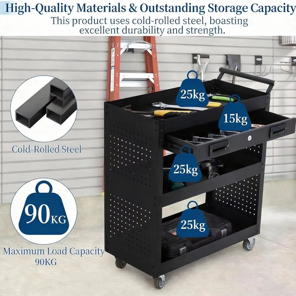 Rolling Steel Tool Cart With Drawer And Locking Casters