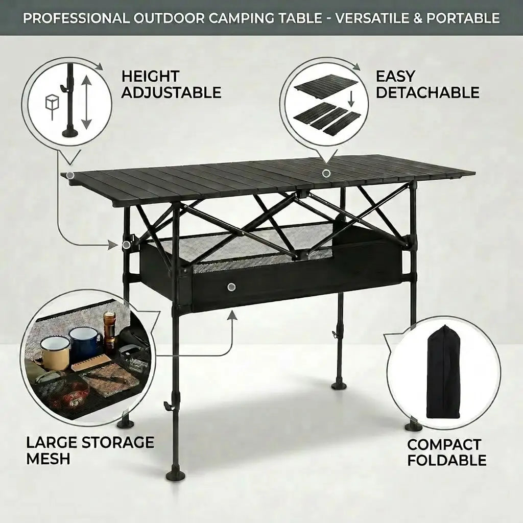 Adjustable Height Outdoor Folding Camping Table for Picnics and Travel