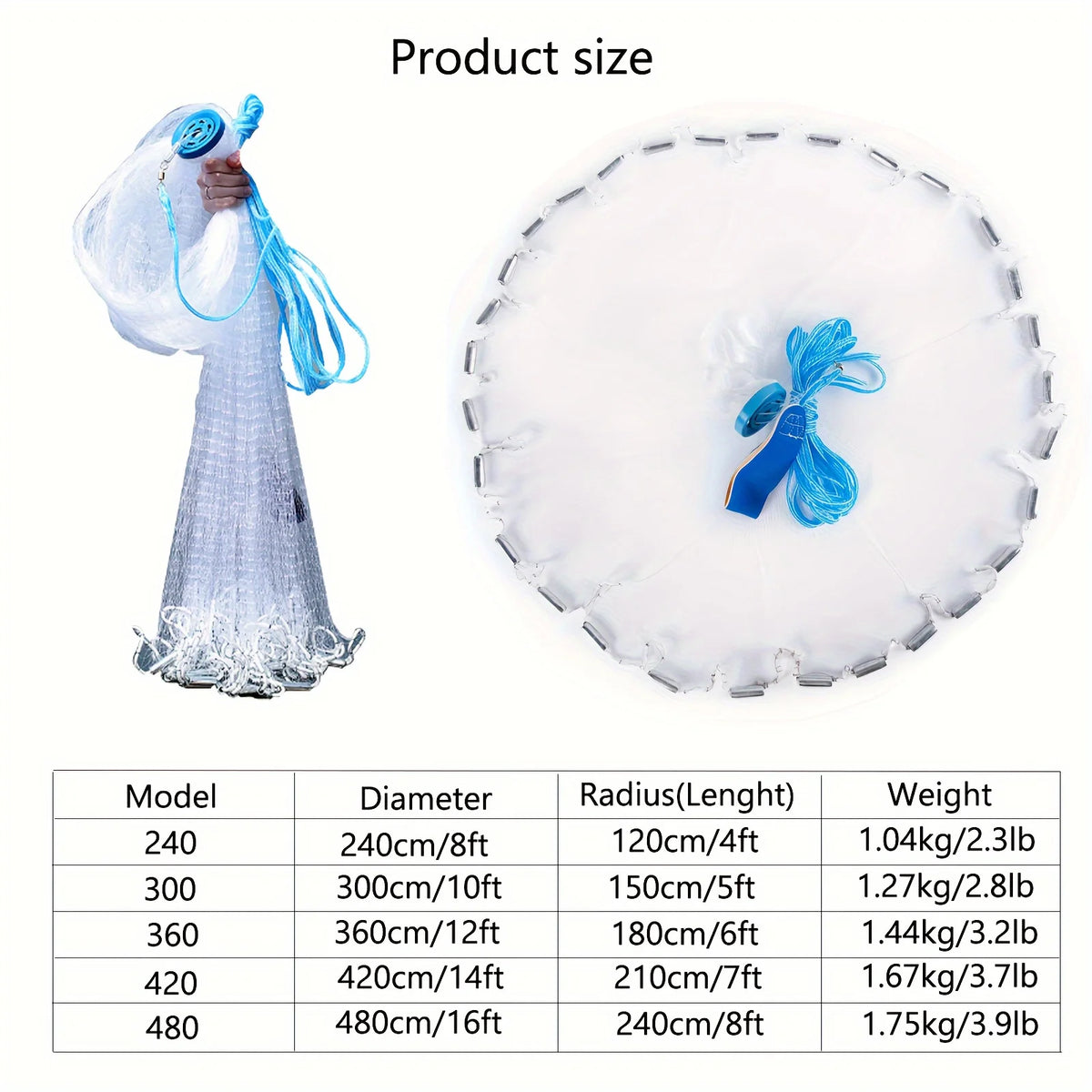 Easy Throw Nylon Fishing Cast Net for Saltwater and Freshwater