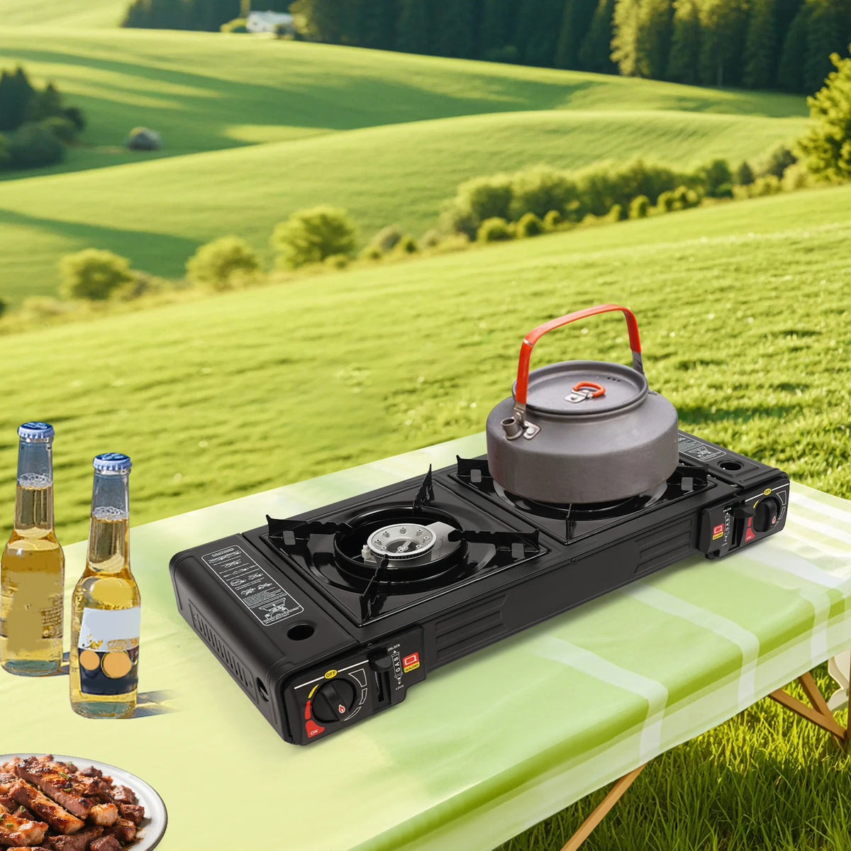 Bymaocar Portable Two Burner Camping Stove With Baking Tray and Case