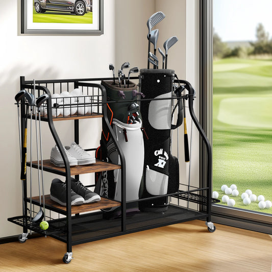 Rolling Golf Bag Storage Rack With Wheels, Metal Sports Organizer