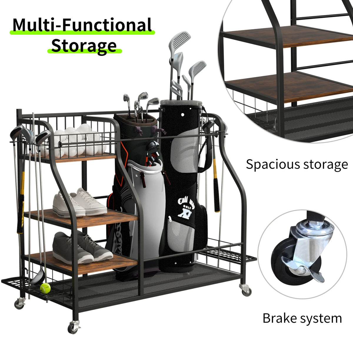 Rolling Golf Bag Storage Rack With Wheels, Metal Sports Organizer