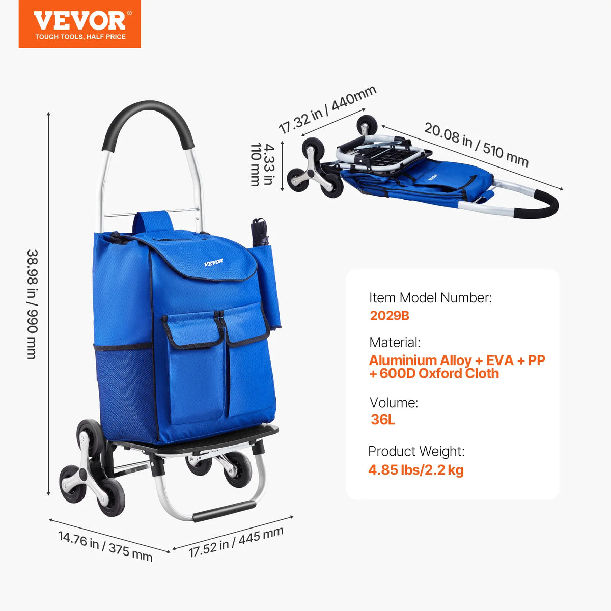 SucceBuy Folding Stair Climbing Shopping Cart With Oxford Cloth Bag