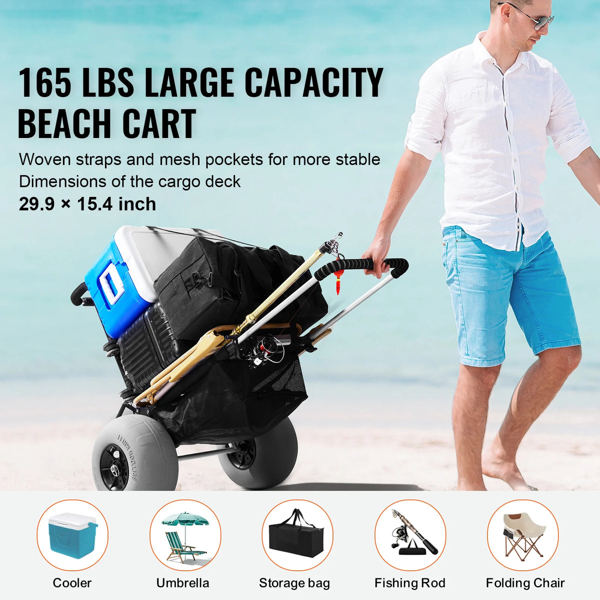 SucceBuy Folding Beach Cart With Balloon Wheels And Cargo Deck