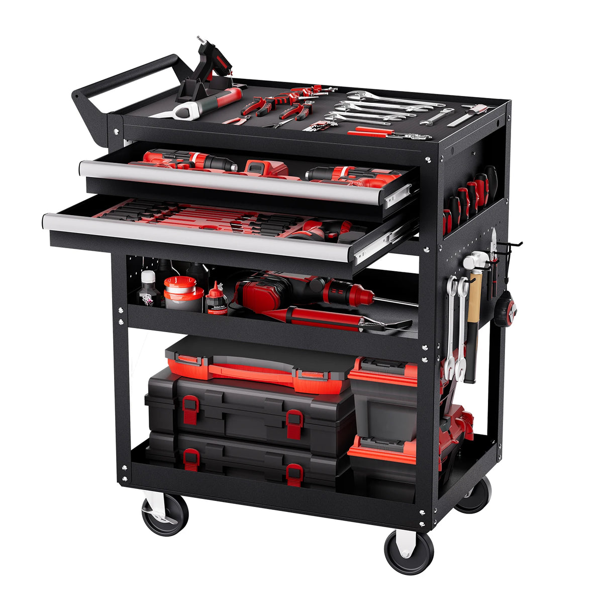 SucceBuy Rolling Tool Cart With Locking Drawers And Pegboard Storage