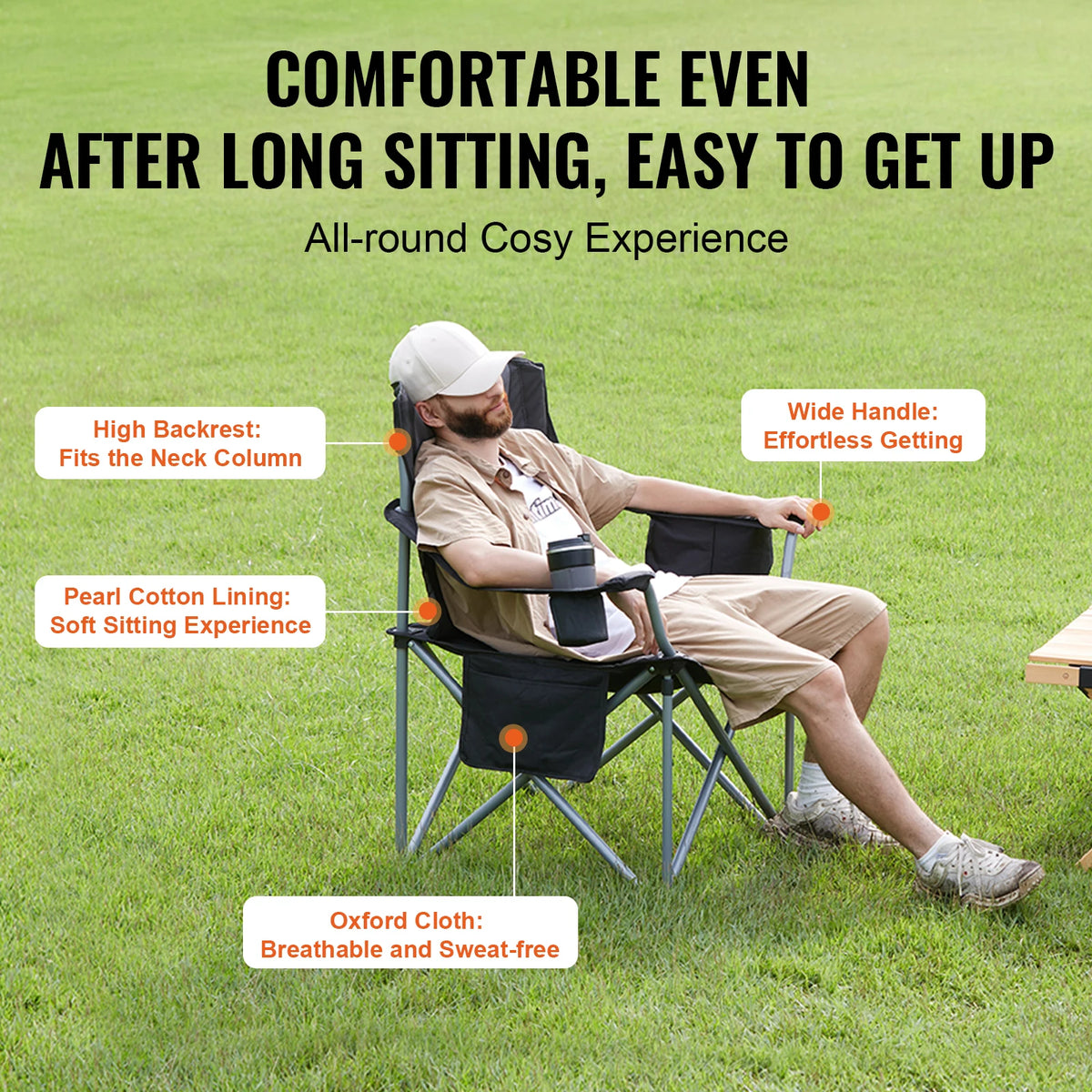 VEVOR Portable Folding Camping Chair With Lumbar Support And Pockets
